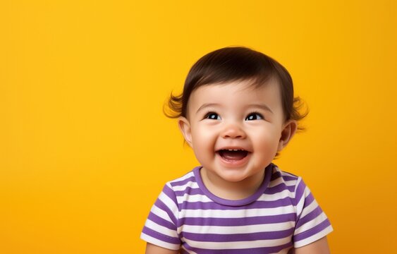 Laughing baby girl in purple and white striped shirt