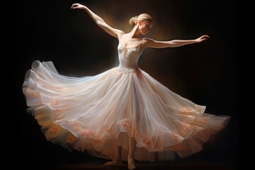 Naklejka premium A woman in a white dress dances with grace and elegance, captivating the audience with her fluid movements, A graceful ballerina in mid-pirouette, AI Generated