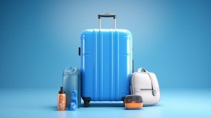 Wanderlust Journey with a Blue Background: Suitcase Packed with Travel Accessories for a Globetrotter's Adventure Across Destinations and Holidays Worldwide.