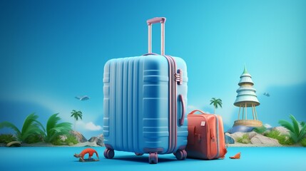 Wanderlust Journey with a Blue Background: Suitcase Packed with Travel Accessories for a Globetrotter's Adventure Across Destinations and Holidays Worldwide.