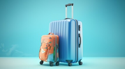 Wanderlust Journey with a Blue Background: Suitcase Packed with Travel Accessories for a Globetrotter's Adventure Across Destinations and Holidays Worldwide.