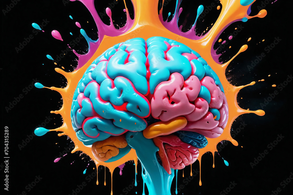 Poster liquid color design background fly out of mind explosion - as a fantasy. colorful brain splash brain