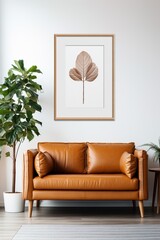 Minimalist Living Room with Brown Leather Sofa and Botanical Art