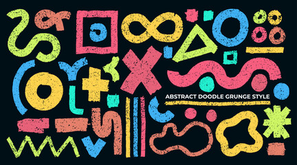 Set of naive playful abstract shapes in doodle grunge style in multi colorful. Brush strokes squiggles, asterisk, circles, infinity sign, dots, wavy bold lines. Vector with colored geometric element