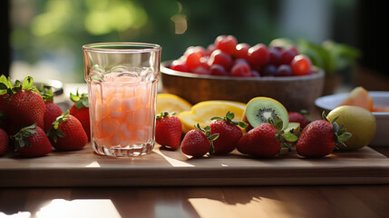 Different fresh raw fruits, berries in the bowl and a glass of a drink on the table. Concept of healthy food, diet ingredients or breakfast
