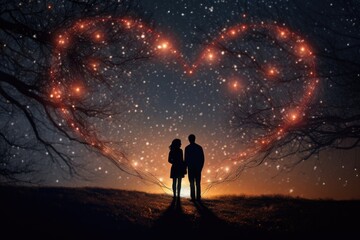 A couple stands together in front of a tree into the shape of a heart, A heart-shaped constellation in the night sky serving as a backdrop for a couple, AI Generated