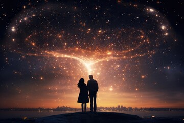 Obraz na płótnie Canvas a couple standing together, gazing at a star-filled sky, immersed in a moment filled, A heart-shaped constellation in the night sky serving as a backdrop for a couple, AI Generated