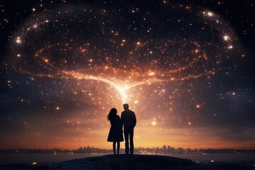 Fototapeta premium a couple standing together, gazing at a star-filled sky, immersed in a moment filled, A heart-shaped constellation in the night sky serving as a backdrop for a couple, AI Generated