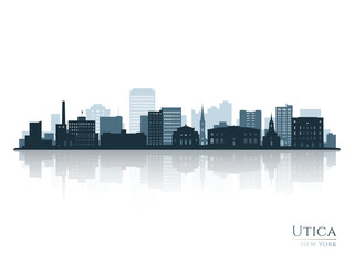 Utica skyline silhouette with reflection. Landscape Utica, New York. Vector illustration.