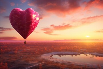 Fototapeta premium A hot air balloon gracefully soars above a tranquil lake, creating a breathtaking view with picturesque sunset, A heart-shaped hot air balloon during a sunset on Valentine's Day, AI Generated
