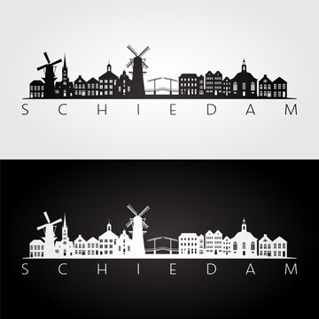 Schiedam skyline and landmarks silhouette, black and white design, vector illustration.