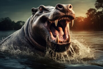 A powerful hippopotamus in its natural habitat, with its jaws agape, showcasing its dominance in the water, A hippopotamus emerging from a river with its mouth wide open, AI Generated - obrazy, fototapety, plakaty