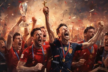 A painting depicting a group of soccer players proudly holding up their trophies in celebration, A jubilant celebration of a team winning the World Cup final, AI Generated - obrazy, fototapety, plakaty