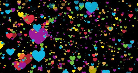 Valentine's day flying colorful love hearts particles on transparent background. LGBTQ pride month rainbow love animation abstract background. Romantic animation seamless loop background. High-quality - Powered by Adobe