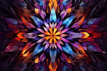 A captivating image showcasing a stunning and vibrant flower, A kaleidoscopic explosion of jewel tones in an abstract pattern, AI Generated