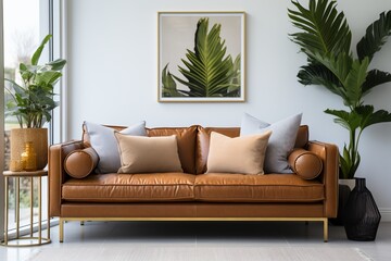 brown leather sofa in a living room with plants