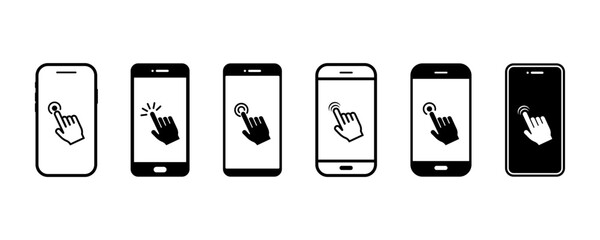 Hand touch on screen smartphone. Finger touch in phone. Vector icons set.