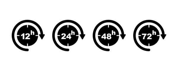 Set of clock with 12, 24, 48, 72 hours. Time with arrow. Delivery service. Vector 10 Eps.