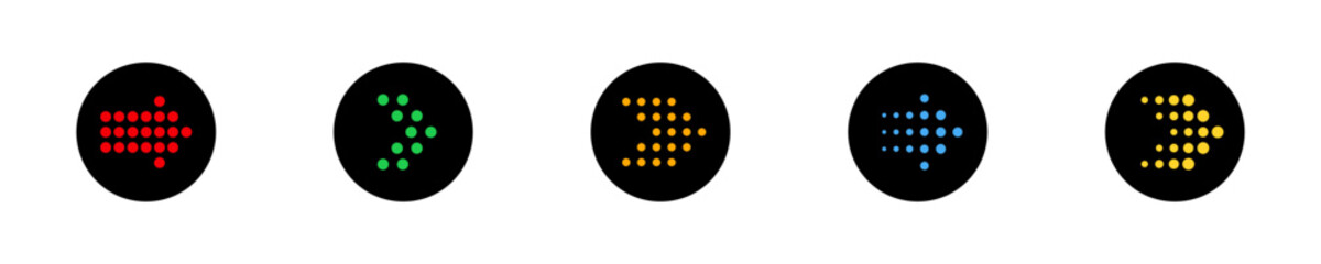 Set of colored dotted arrows vector on black circle. Arrow with right direction. Colored pointer. Next sign.