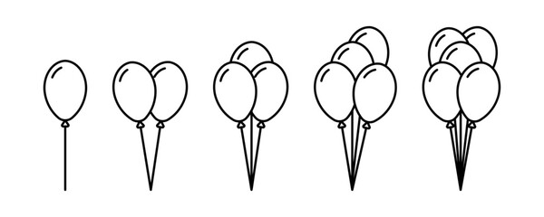 Set of outline balloons vector icons set. Black linear bunch balloons with rope. Flying balloon. © Міша Герба