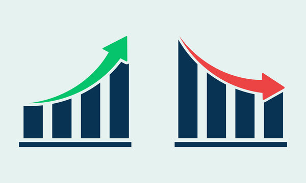 Financial arrows up and down. Vector graph with green and red arrows. Chart with increase, decrease. Vector 10 EPS.