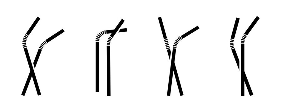 Set of plastic straws vector icons. Black straws for juice, water, cocktail. Vector 10 Eps.