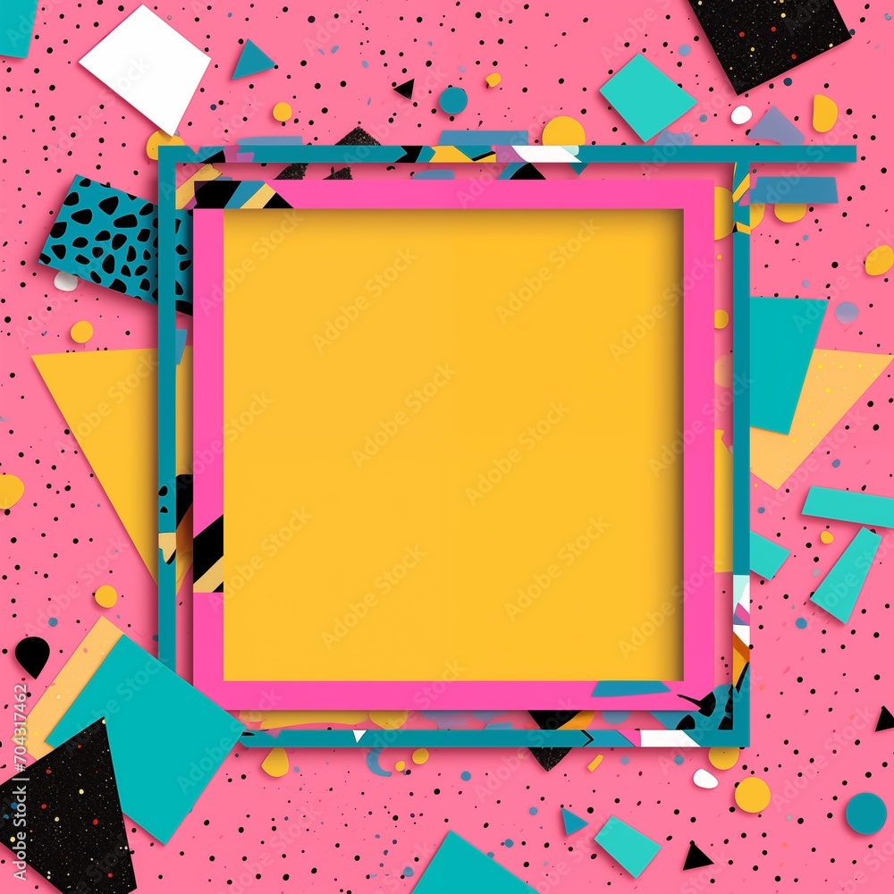Poster frame mockup with copy space for text. create an artistic collage with a memphis style on a warm bro