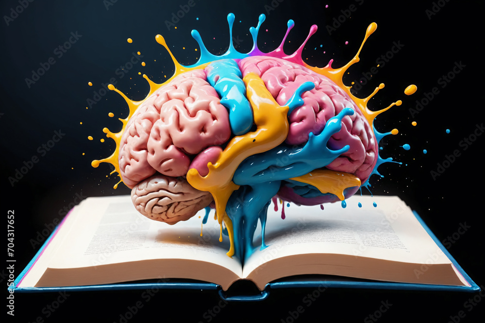 Aufkleber Liquid Color design background fly out of the book as a fantasy. colorful brain splash Brainstorm and study concept