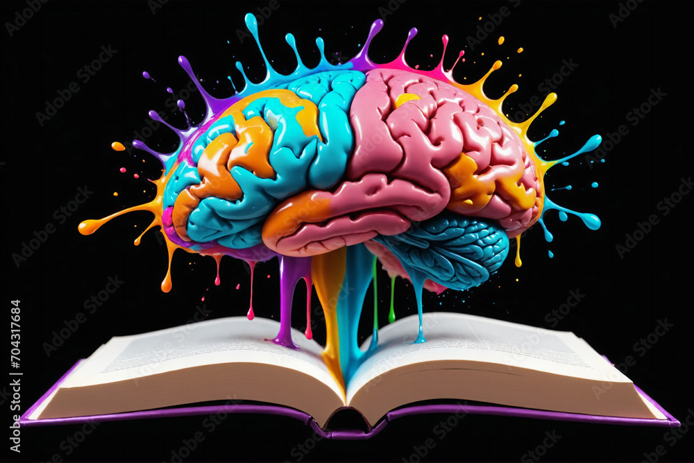 Aufkleber liquid color design background fly out of the book as a fantasy. colorful brain splash brainstorm an