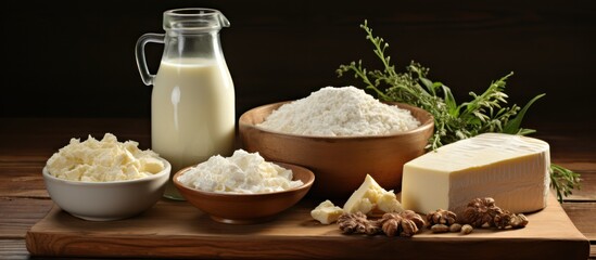 Fototapeta premium Fresh dairy products isolated wooden table background
