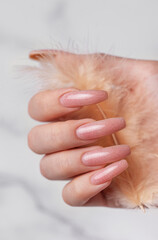 Naklejka premium Female hands with pink nail design hold a feather