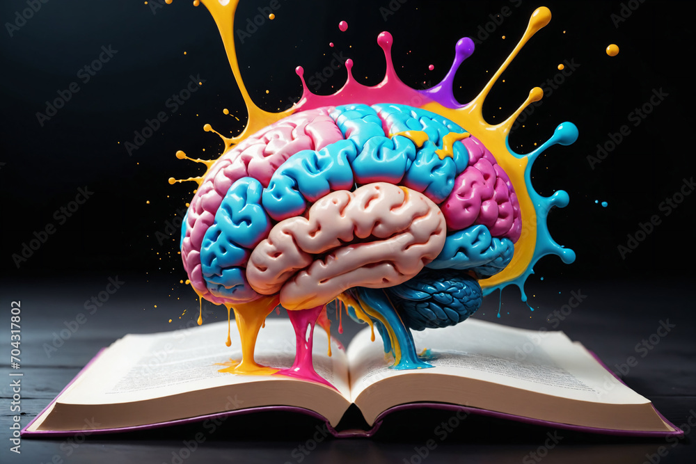 Poster Liquid Color design background fly out of the book as a fantasy. colorful brain splash Brainstorm and study concept