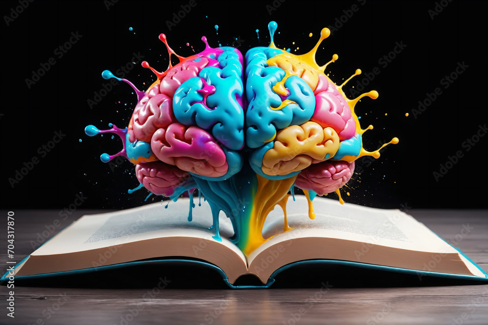 Aufkleber Liquid Color design background fly out of the book as a fantasy. colorful brain splash Brainstorm and study concept
