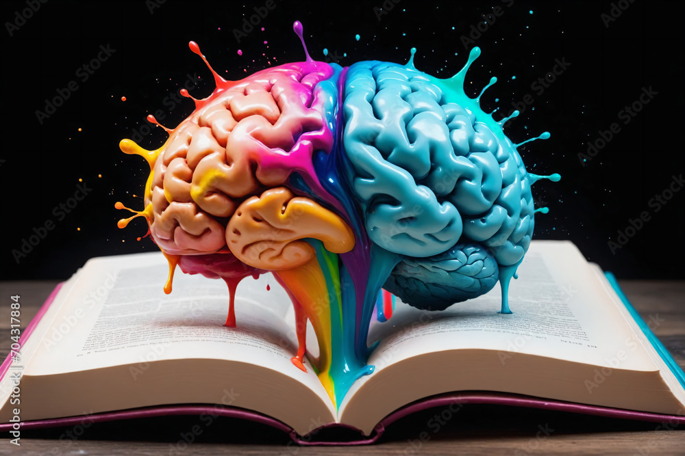Aufkleber liquid color design background fly out of the book as a fantasy. colorful brain splash brainstorm an