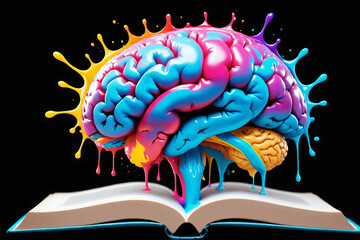 Liquid Color design background fly out of the book as a fantasy. colorful brain splash Brainstorm and study concept - obrazy, fototapety, plakaty