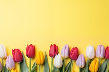 tulips frame, a Colorful bouquet of tulips on a yellow background. Flat lay, with copy space.