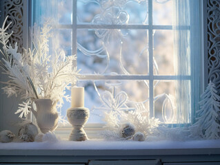A winter scene through a frosty window reveals a snowy landscape with a glimpse of festivities.