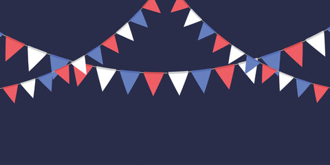 Obraz premium White, blue and red flag garland. Triangle pennants chain. Party decoration. Celebration flags for decor