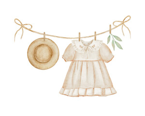 Watercolor illustration of baby clothing on the clothesline. Hand painted dress on white background. Clipart for greeting card, baby shower invitation, social media post