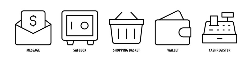 Cash register, Wallet, Shopping Basket, Safebox, Message editable stroke outline icons set isolated on white background flat vector illustration.
