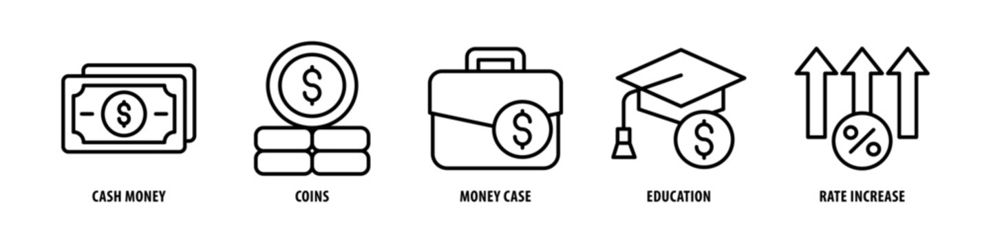 Rate Increase, Education, Money Case, Coins, Cash Money editable stroke outline icons set isolated on white background flat vector illustration.