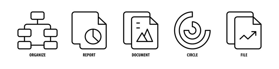 File, Circle, Document, Report, Organize editable stroke outline icons set isolated on white background flat vector illustration. - obrazy, fototapety, plakaty