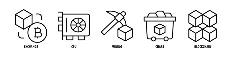 Blockchain, Chart, Mining, CPU, Exchange editable stroke outline icons set isolated on white background flat vector illustration.