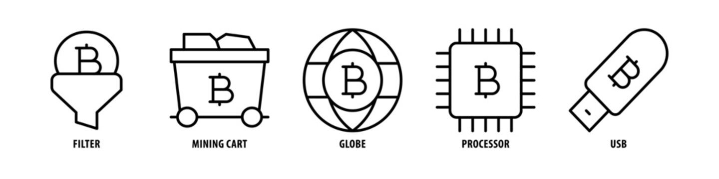 USB, Processor, Globe, Mining cart, Filter editable stroke outline icons set isolated on white background flat vector illustration.