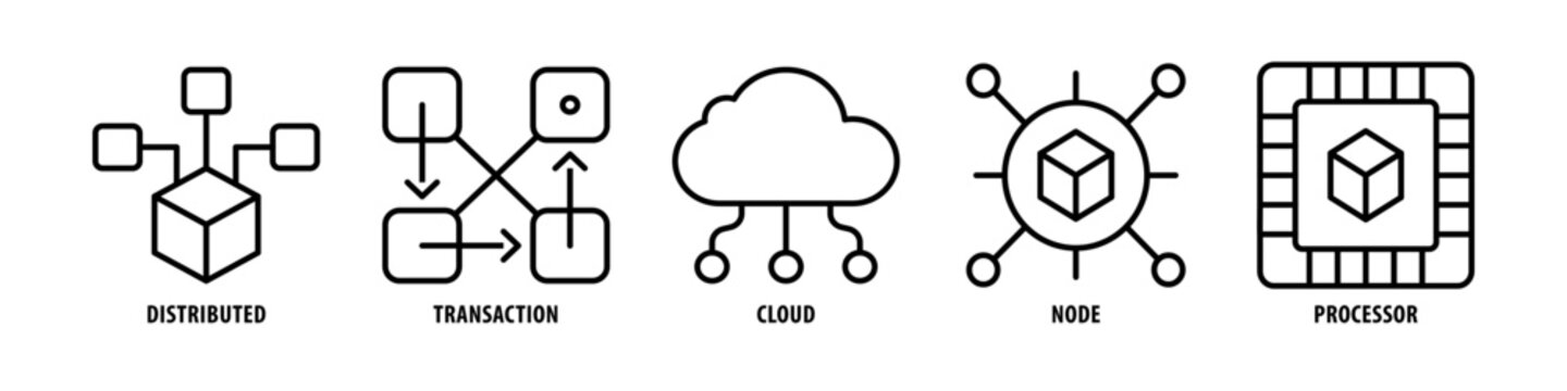 Processor, Node, Cloud, Transaction, Distributed editable stroke outline icons set isolated on white background flat vector illustration.