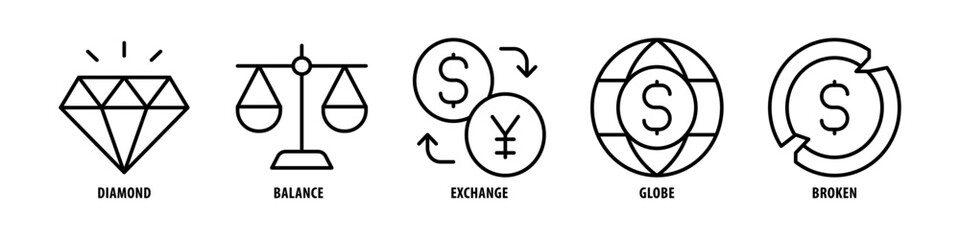 Balance, Broken, Globe, Exchange, Diamond editable stroke outline icons set isolated on white background flat vector illustration.
