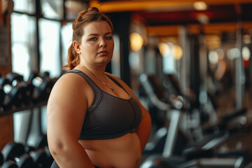 Fototapeta na wymiar Overweight woman in a gym. Body positive concept