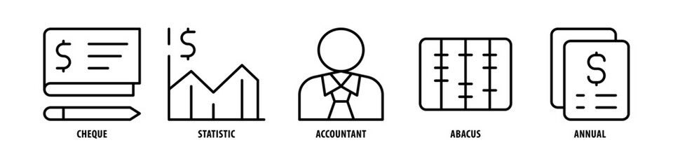 Annual, Abacus, Accountant, Statistic, Cheque editable stroke outline icons set isolated on white background flat vector illustration.