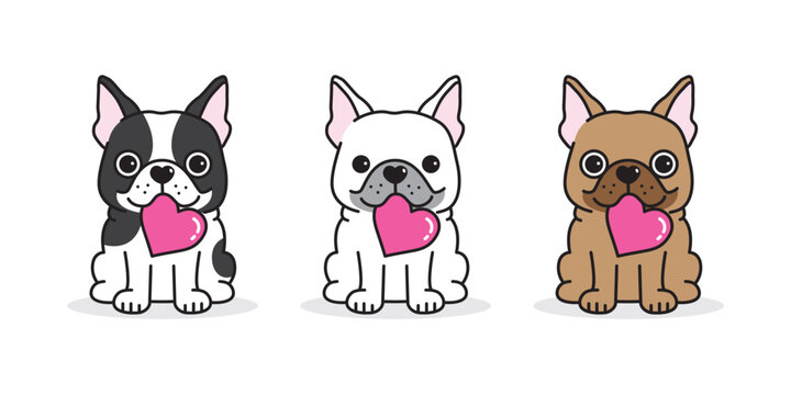 dog french bulldog valentine heart icon cartoon character puppy pet sitting smile logo breed illustration doodle symbol vector