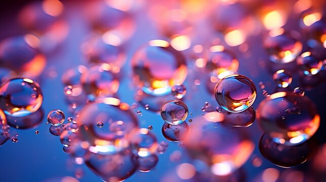 Close-up of colorful water droplets on a reflective surface